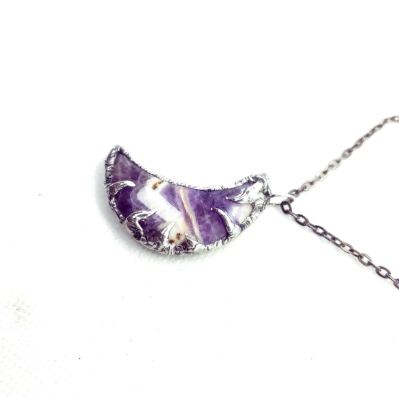 Chevron amethyst moon crystal necklace handmade gothic fantasy metalwork - Picture 10 of 16